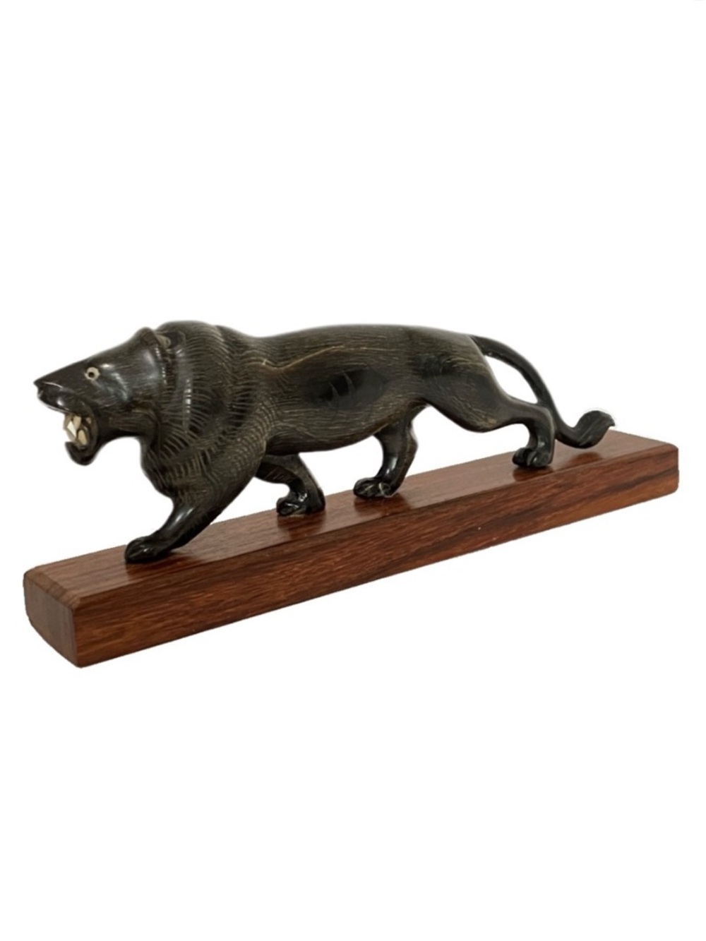 Carved Horn Jaguar/Tiger on Wood Base